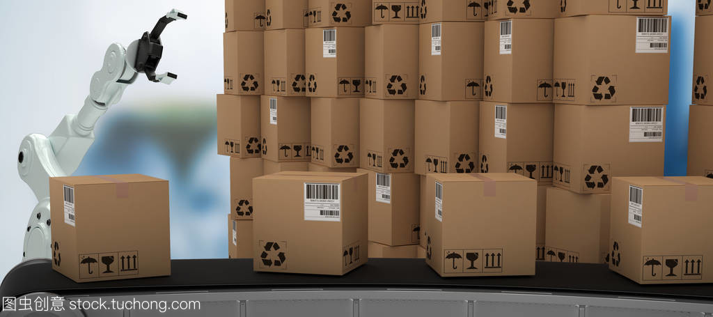 复合图像中的立体生产线 以堆叠棕色纸板盒构成的纸板复合生产线为例